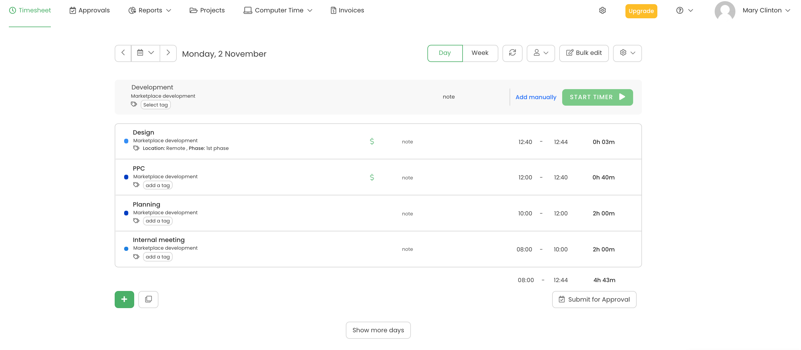 Meistertask dashboard with TimeCamp integration