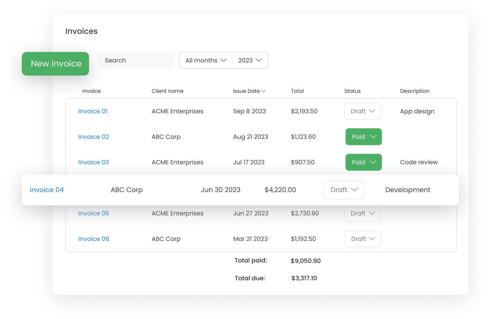 Invoicing feature of the TimeCamp app